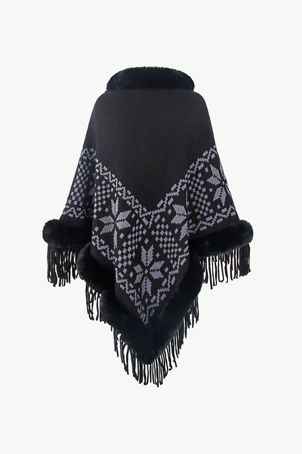 Patterned Faux Fur Trim Fringe Hem Poncho