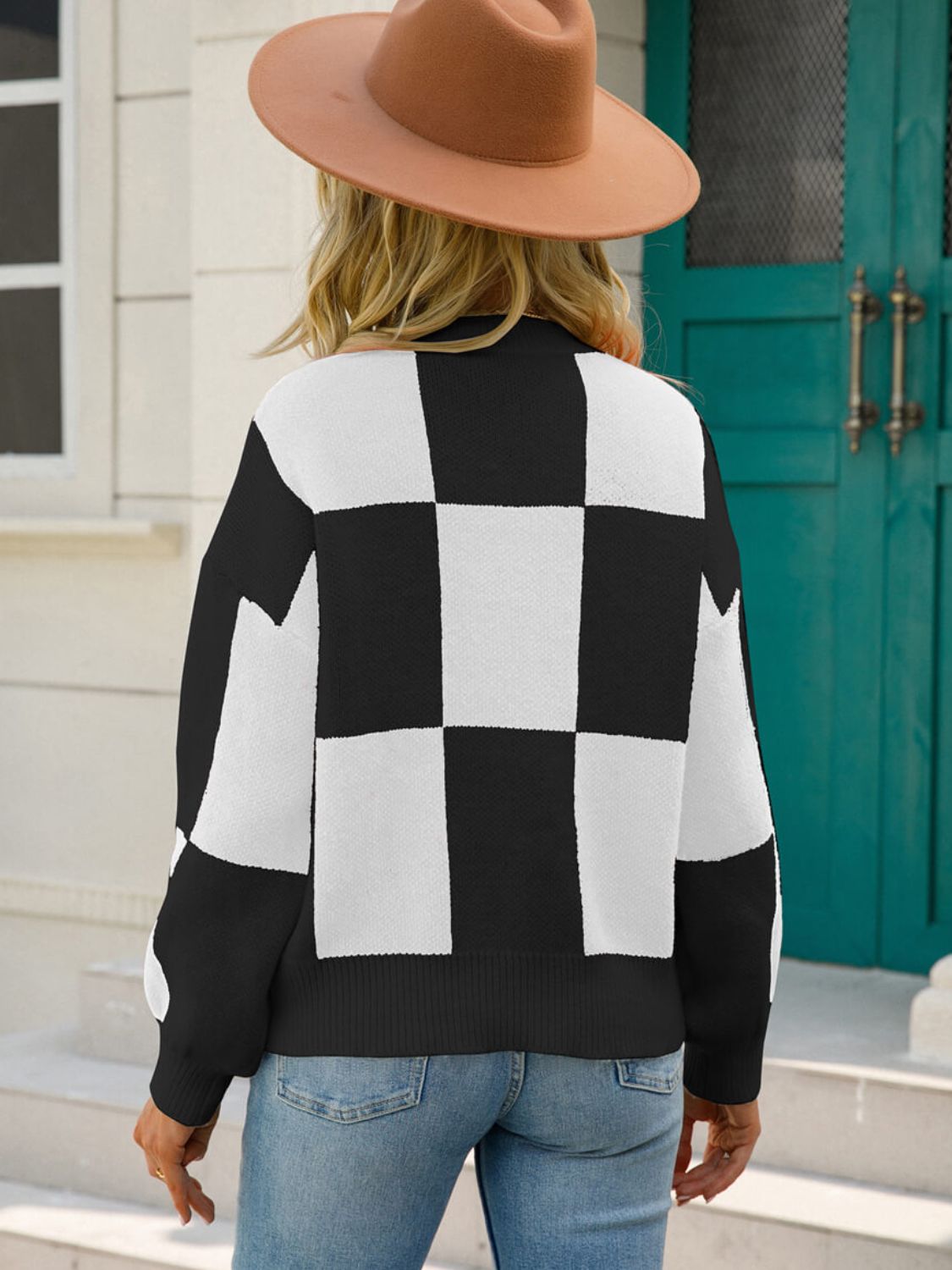 Checkered Dropped Shoulder Knit Pullover