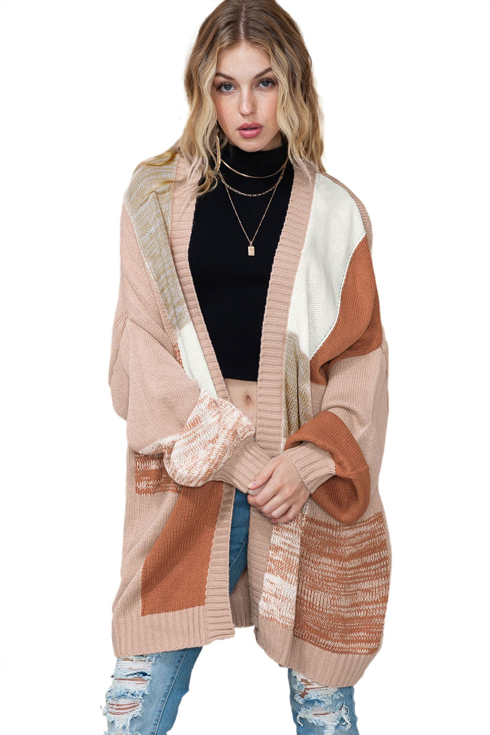 Khaki Open Front Drop Shoulder Slouchy Cardigan