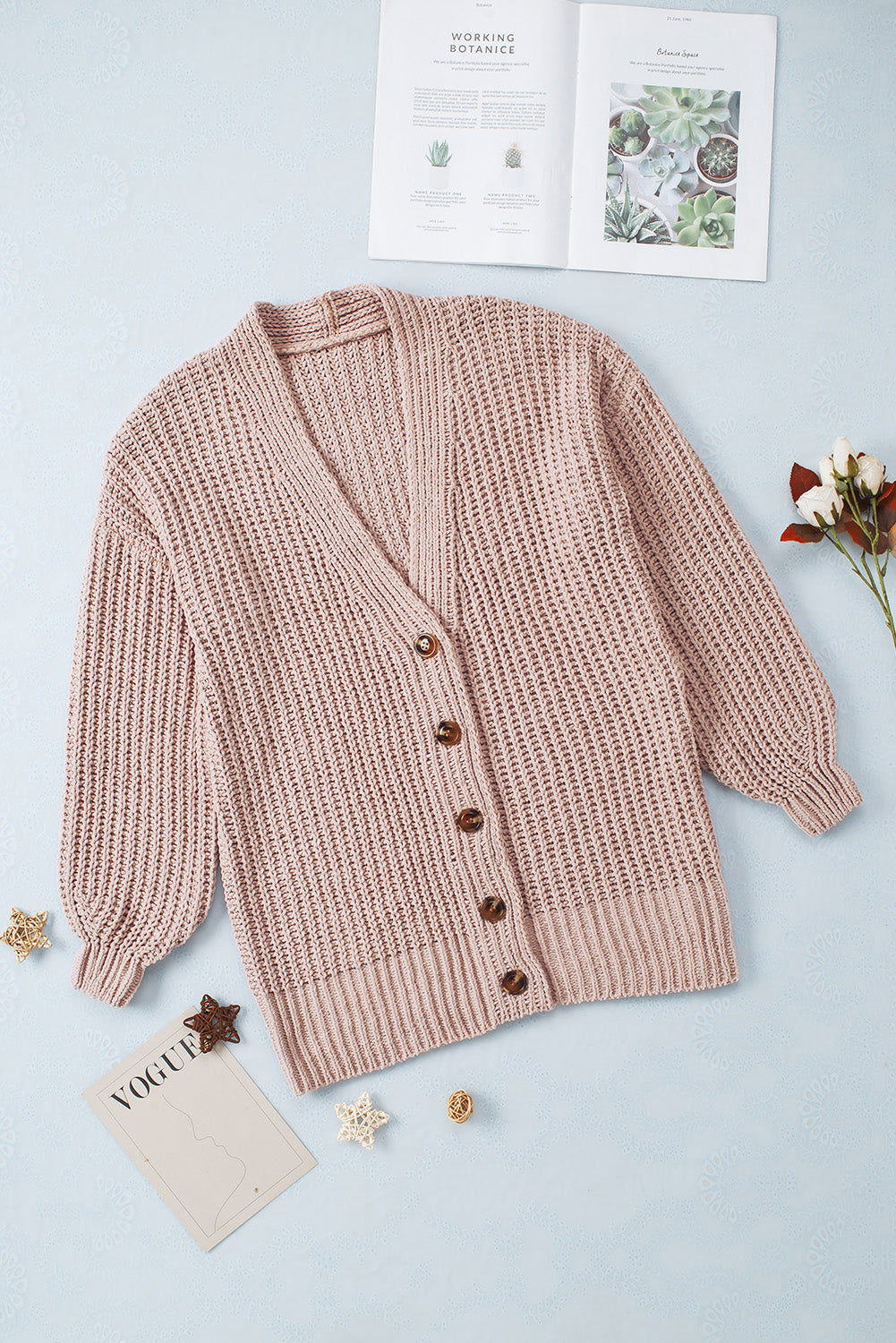 Khakifarbene, einfarbige, lässige Strickjacke mit Knöpfen