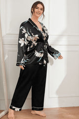 Plus Size Floral Belted Robe Pants Pajama Set