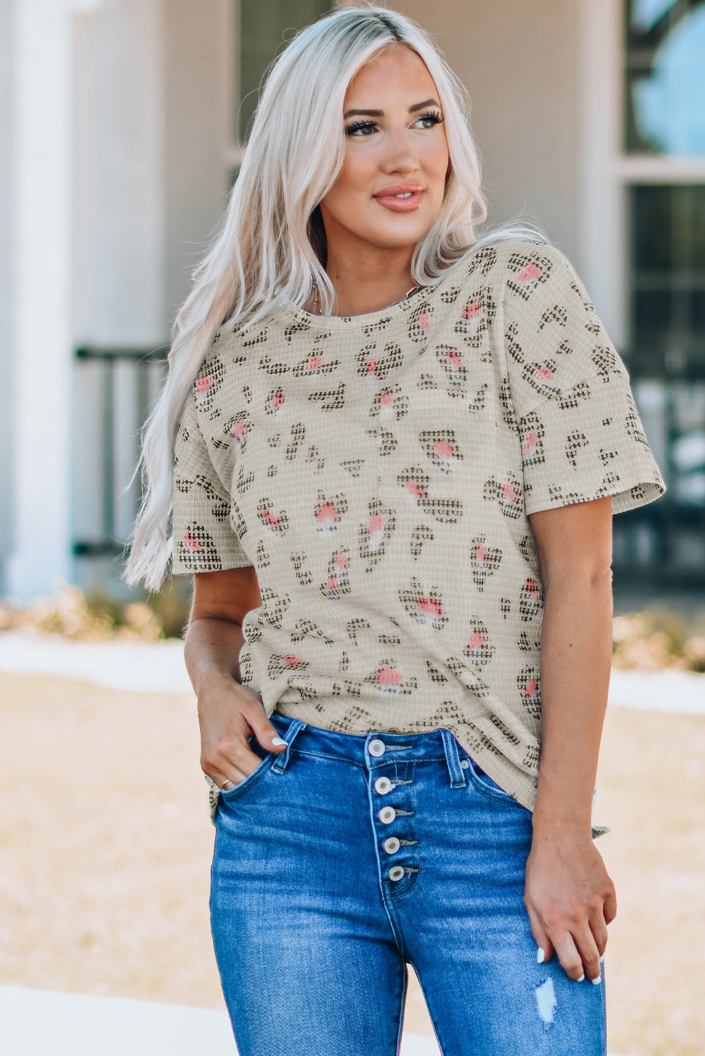 Animal Print Waffle Knit Short Sleeve Top