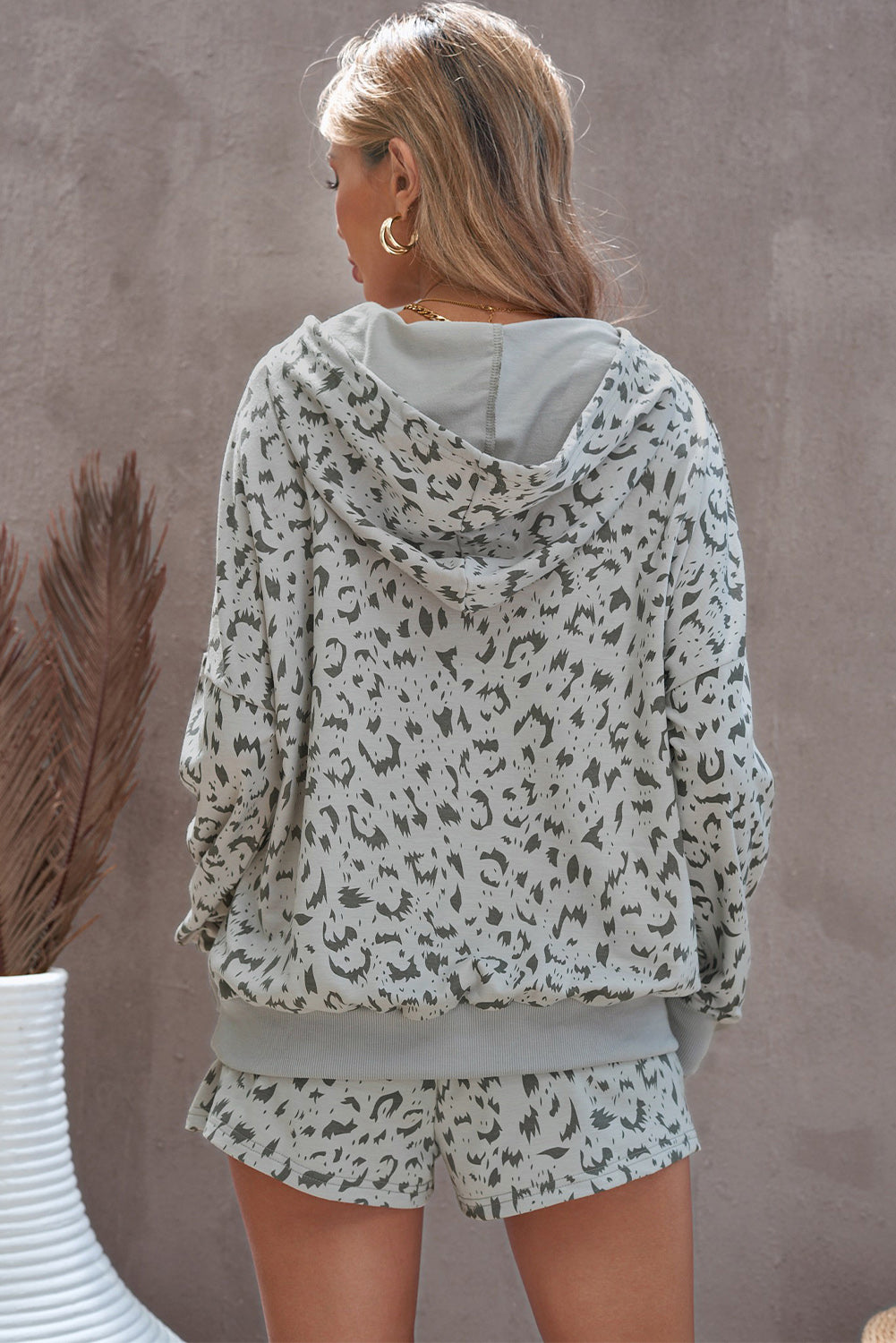 Animal Print Drawstring Detail Hoodie Shorts Lounge Set