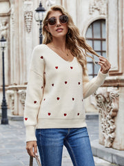 Heart Print V-Neck Dropped Shoulder Sweater