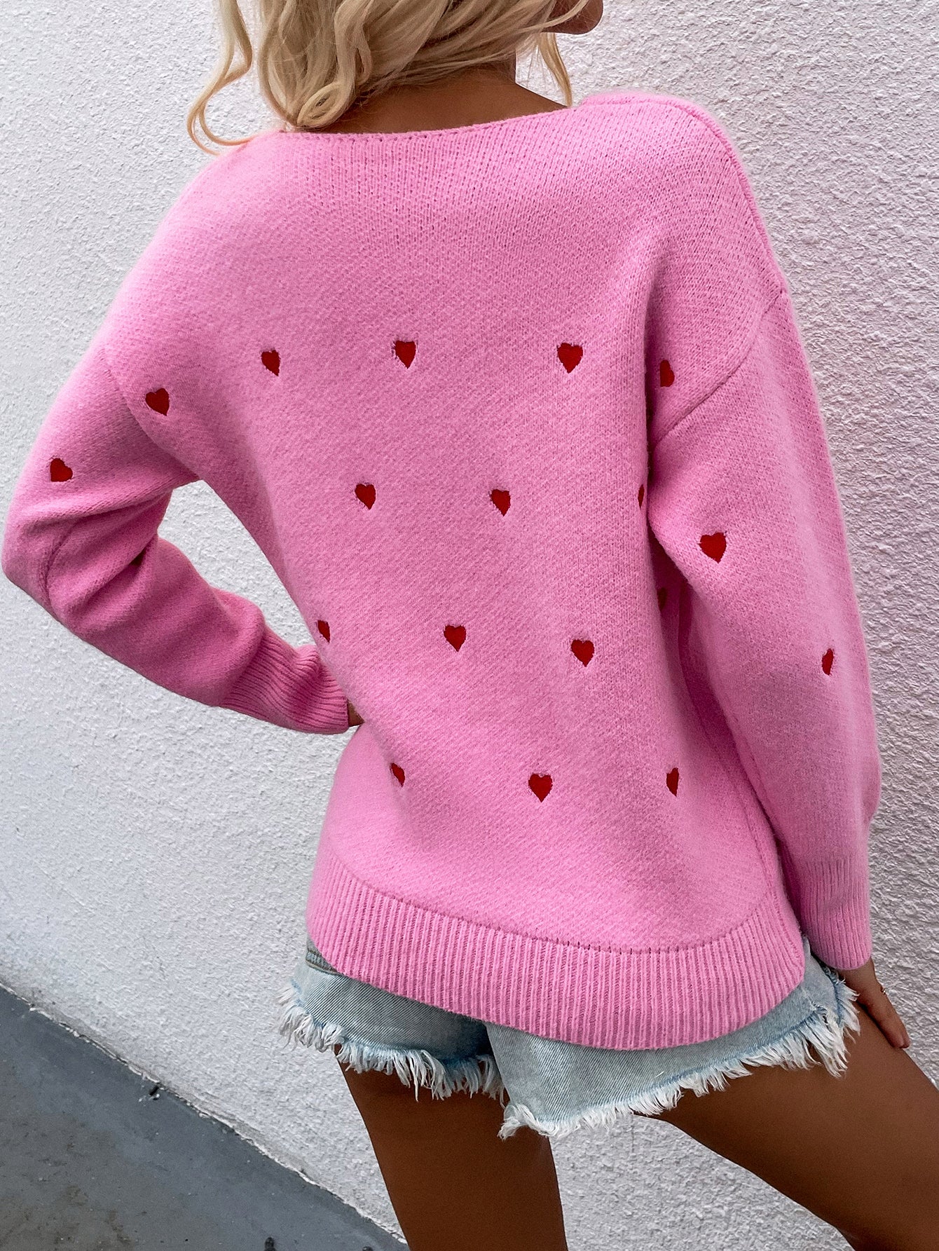 Heart Print V-Neck Dropped Shoulder Sweater