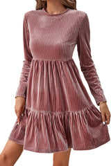 Apricot Pink Ribbed Tiered Velvet Mini Dress