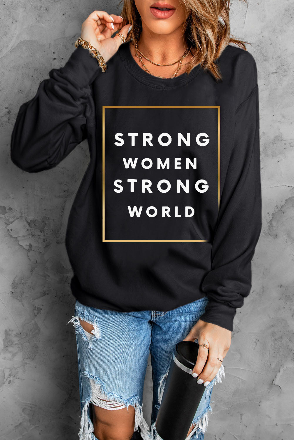 STRONG STRONG WORLD Sweatshirt mit überschnittener Schulter und Grafik