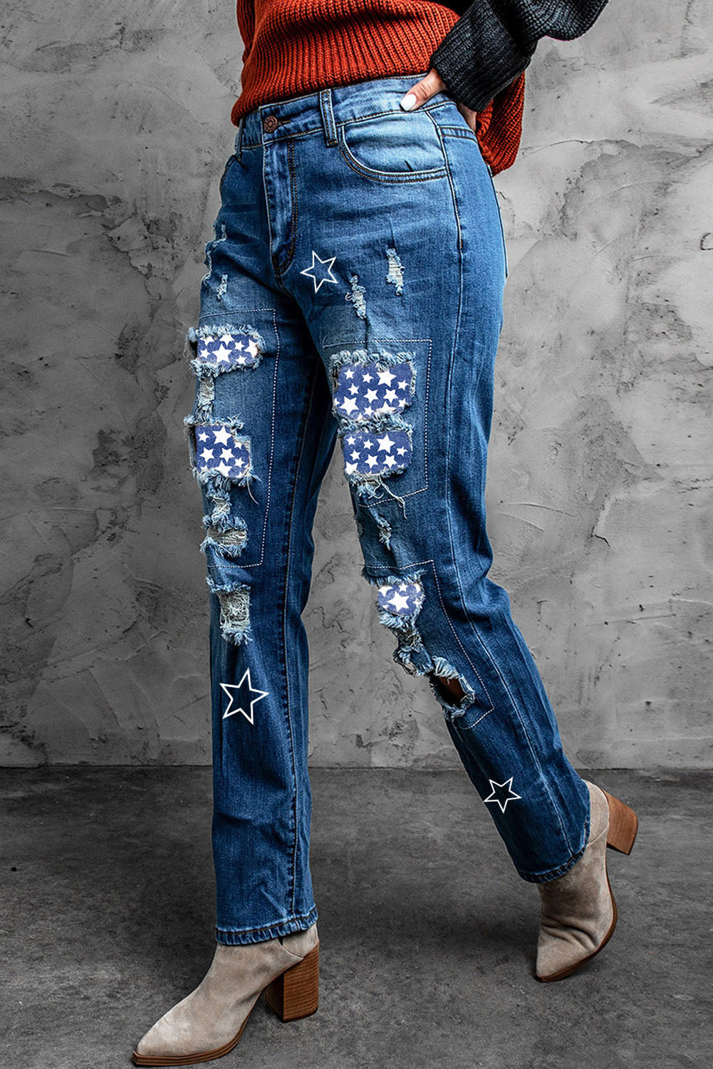 Jean boyfriend vieilli avec patch imprimé