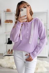 Strickhoodie mit Spitzenbesatz, halbhohem Knopf und Kordelzug