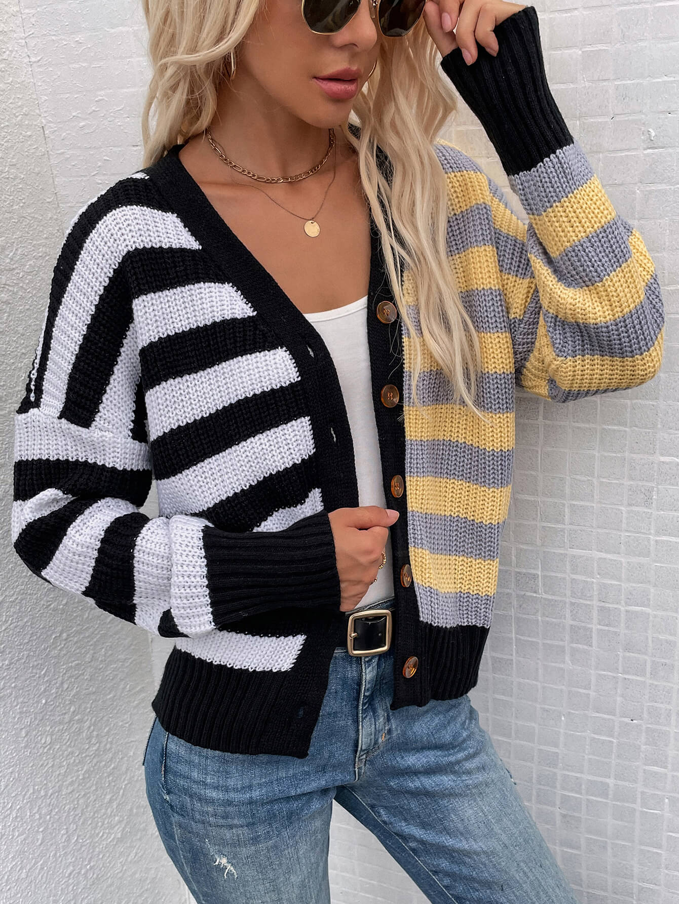 Striped Color Block Button Down Cardigan