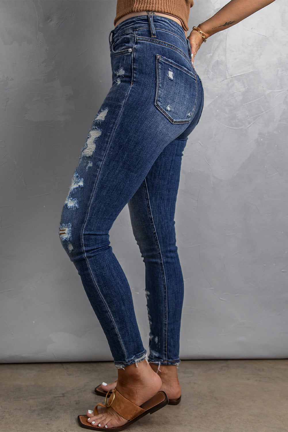 Jean skinny taille haute effet usé