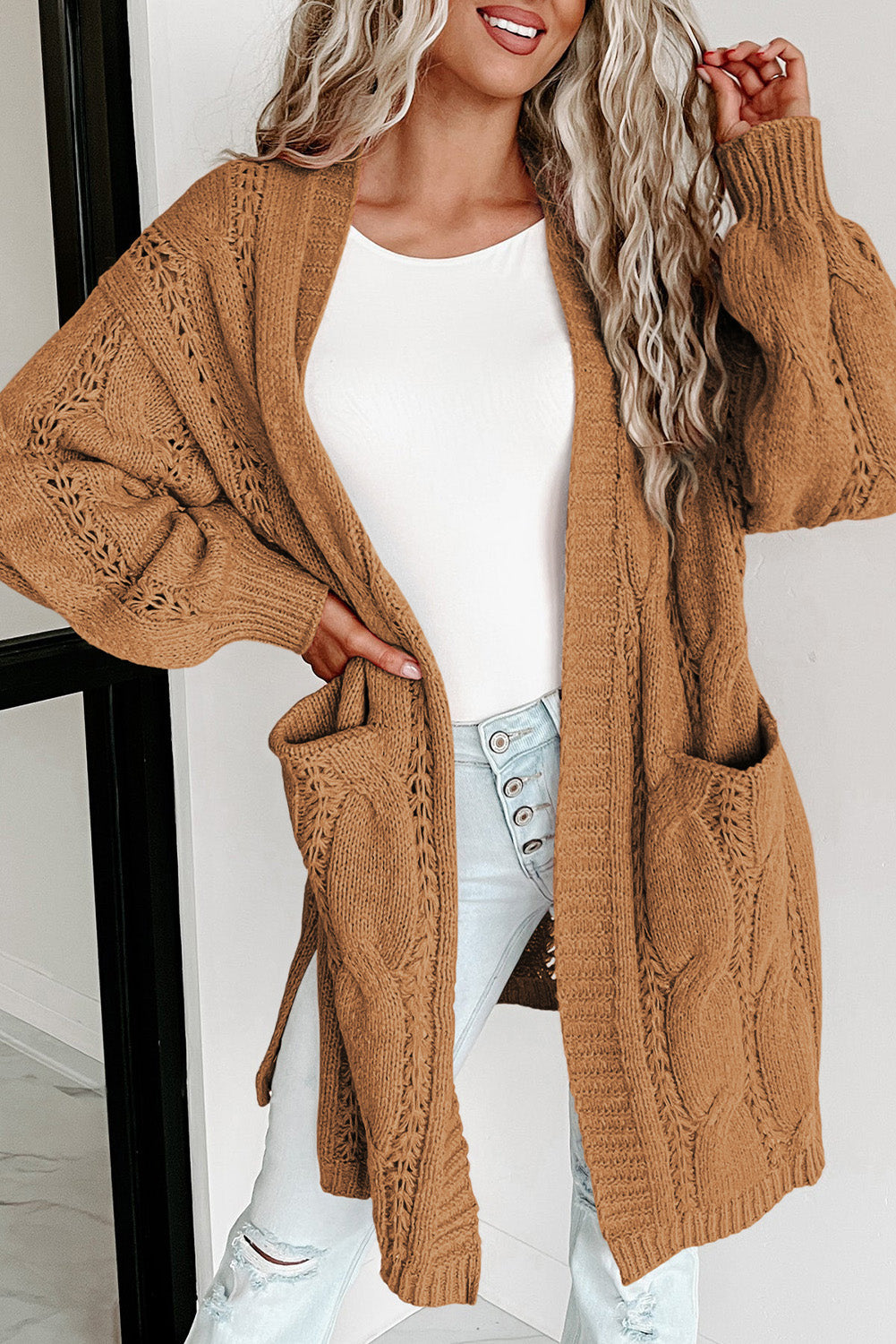 Apricot Ribbed Trim Hollow Knit Side Slits Cardigan