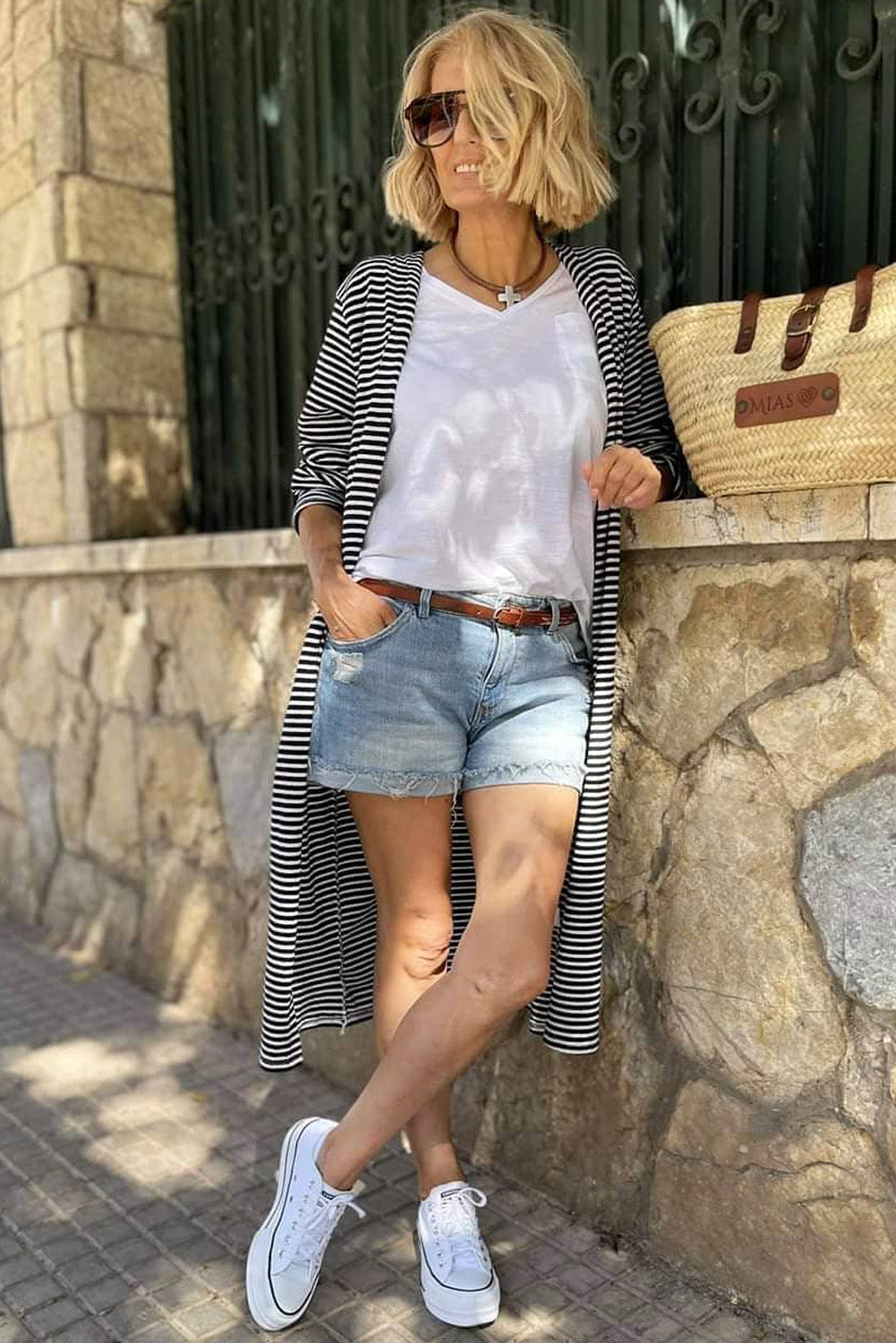 Black White Striped Print Open Front Long Cardigan