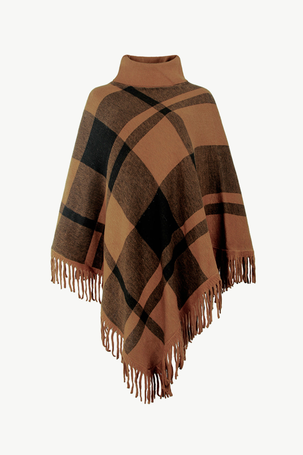 Plaid Fringe Hem Turtleneck Poncho
