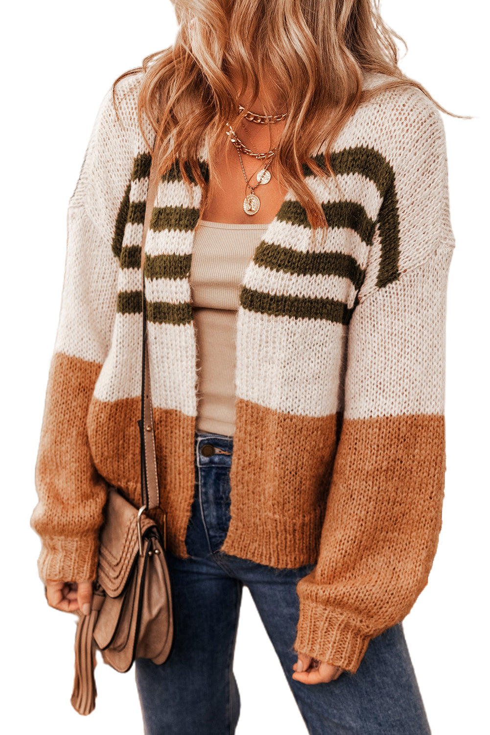 Kamelfarbener Cardigan mit Farbblock-Streifen und offener Vorderseite