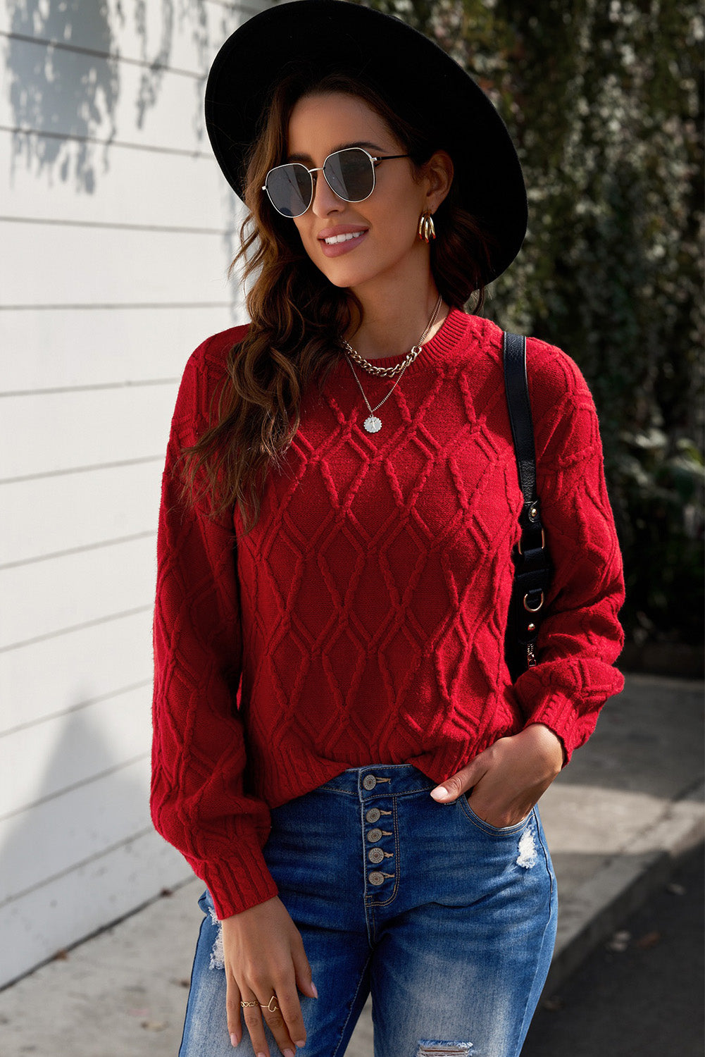 Cable-Knit Solid Dropped Shoulder Sweater