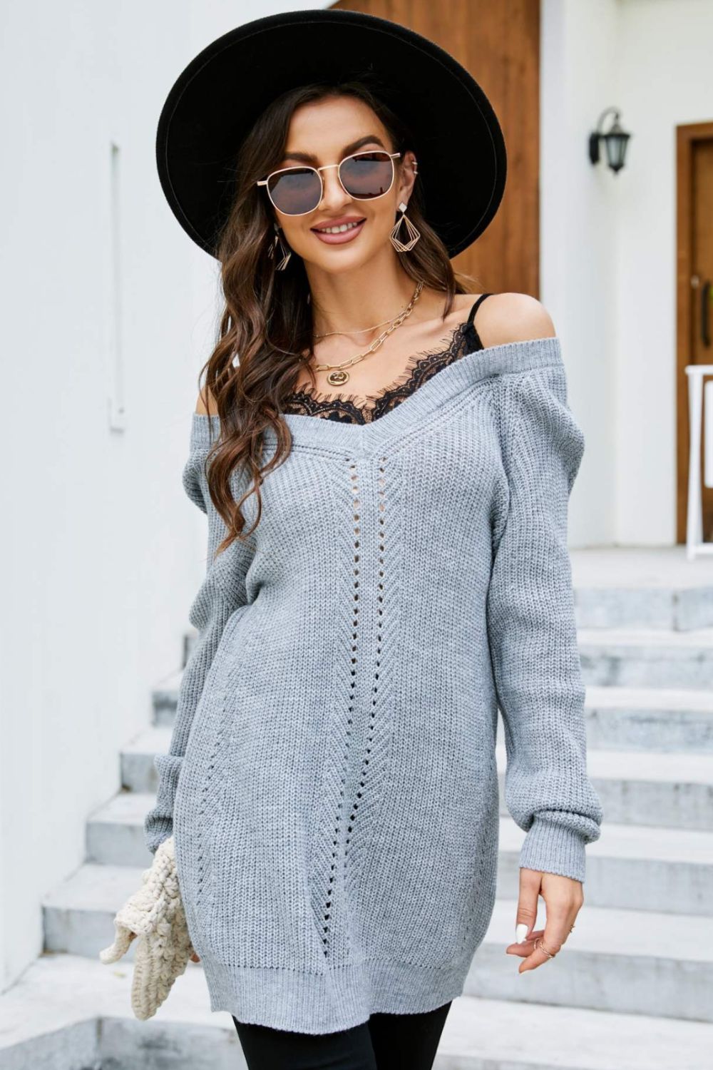 Spliced Lace Cold-Shoulder Tunic Sweater