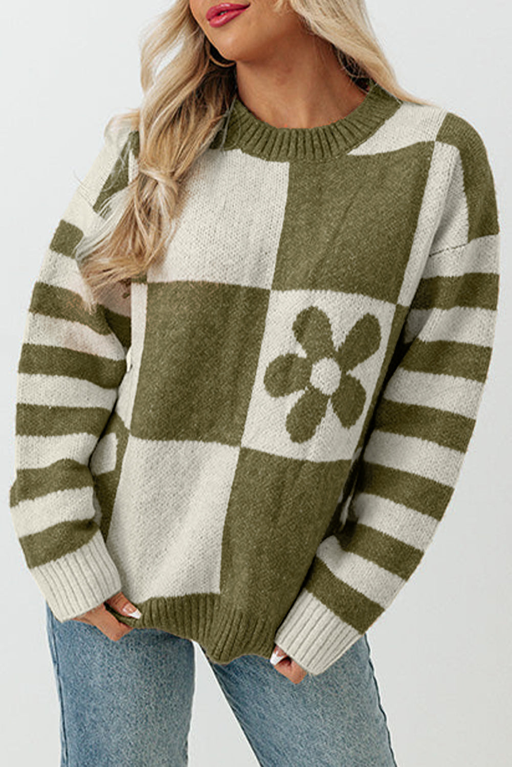 Brown Checkered Striped Knitted Pullover Sweater