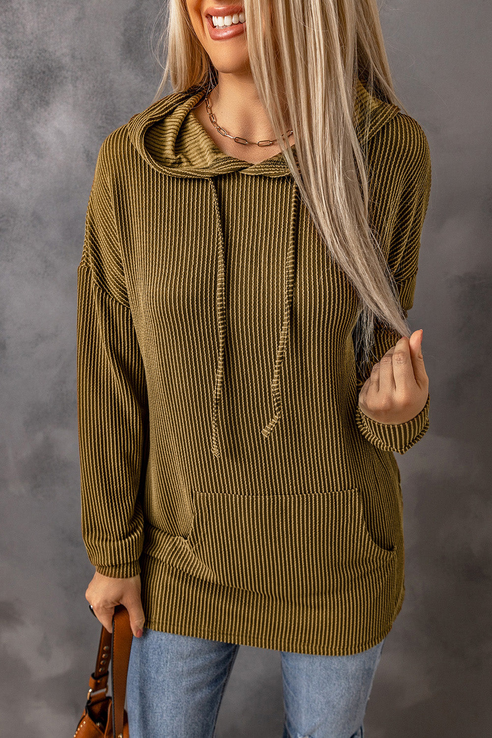 Ribbed Side Slit Hoodie with Kangaroo Pocket