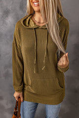 Ribbed Side Slit Hoodie with Kangaroo Pocket