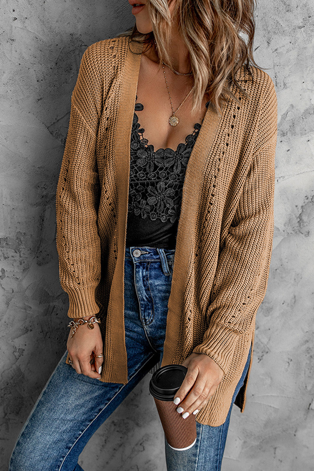 Durchbrochener Rippstrick-Cardigan mit Schlitz