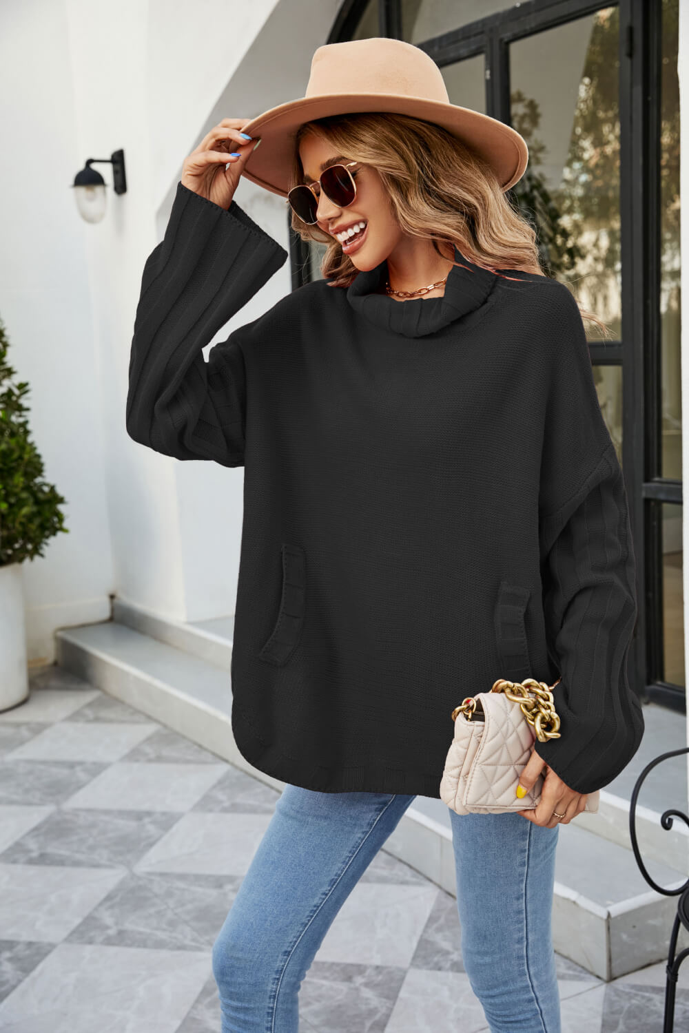 Curved Hem Turtleneck Sweater