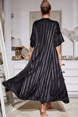 Striped Flounce Sleeve Open Front Robe Cami Dress Set