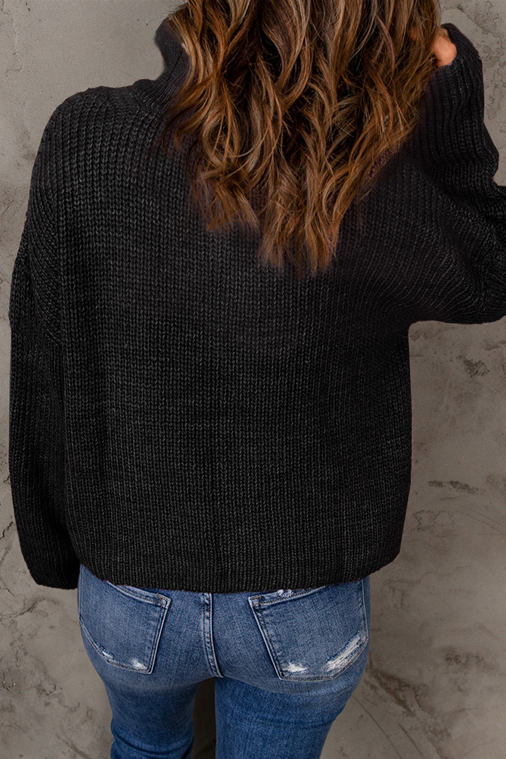 Half Zip Rib-Knit Dropped Shoulder Sweater