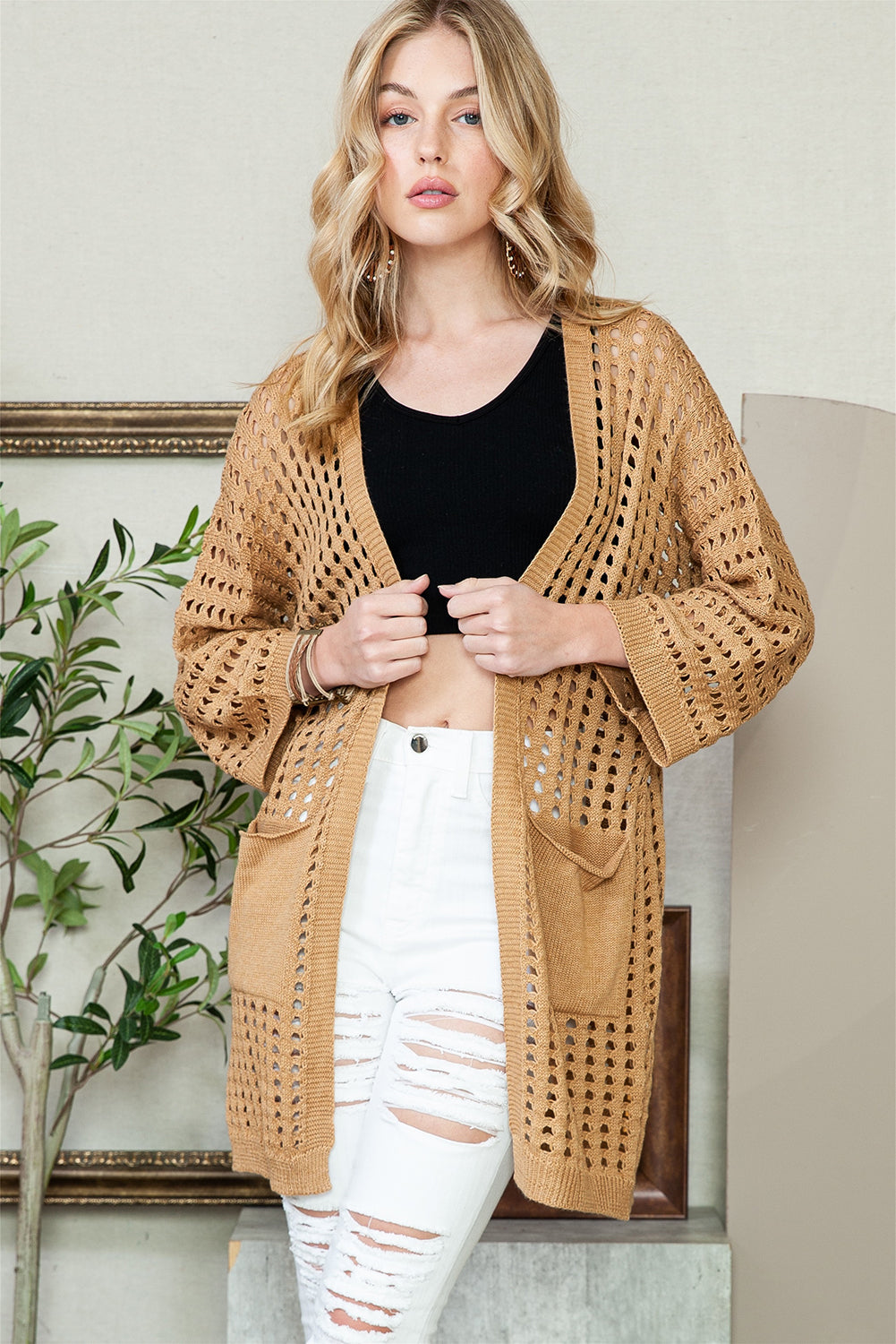 Kamelfarbener Pointelle-Strickcardigan mit offener Vorderseite und Tasche