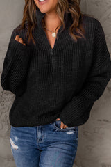 Half Zip Rib-Knit Dropped Shoulder Sweater