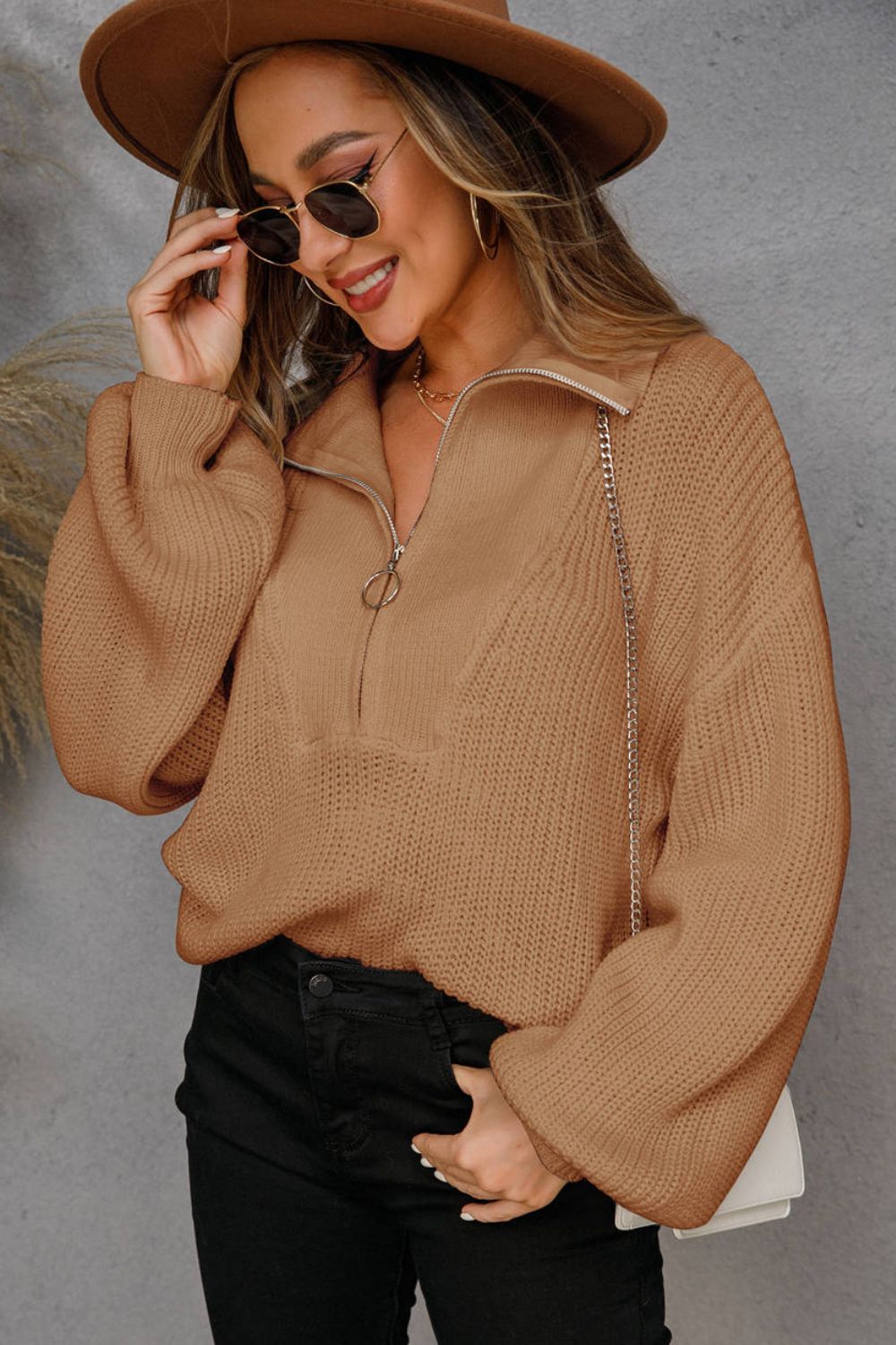 Half-Zip Lantern Sleeve Sweater