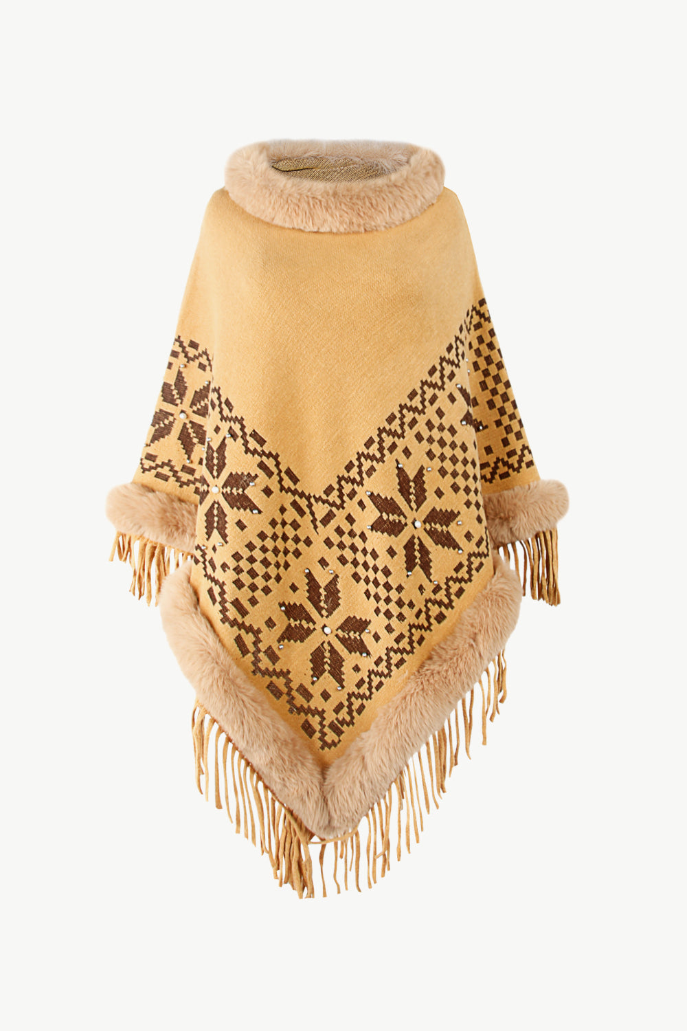 Patterned Faux Fur Trim Fringe Hem Poncho