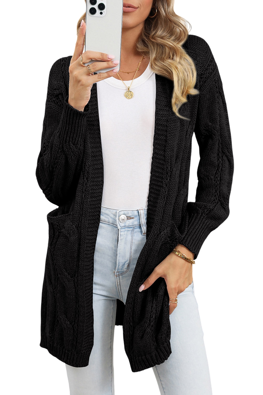 Apricot Ribbed Trim Hollow Knit Side Slits Cardigan