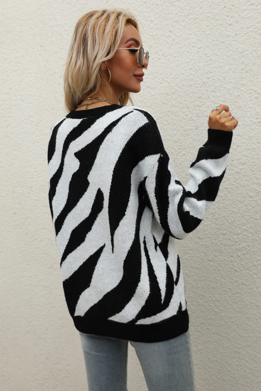 Animal Print Round Neck Dropped Shoulder Sweater