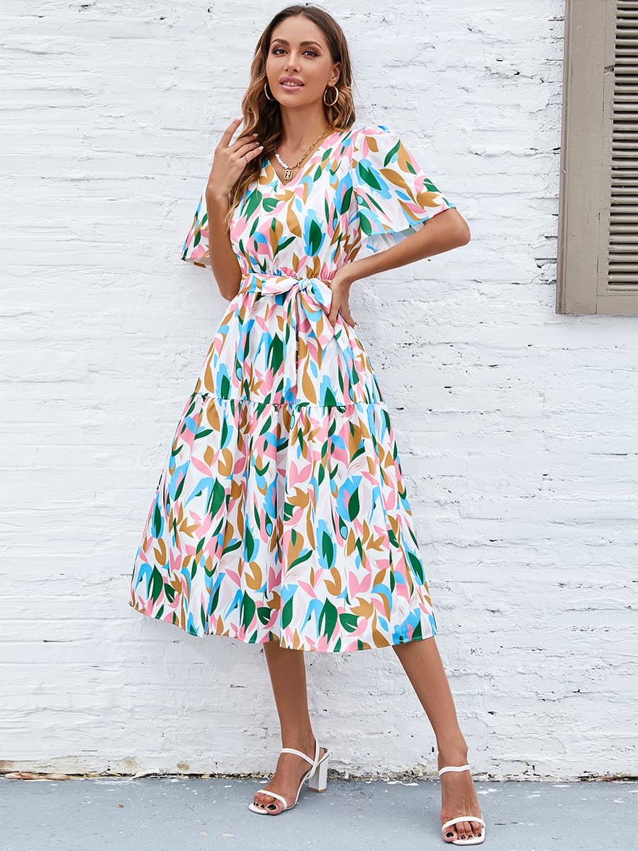 Robe imprimée à col en V et manches flottantes
