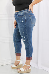 Jean boyfriend taille mi-haute Judy Blue Gina à revers et patchs cachemire