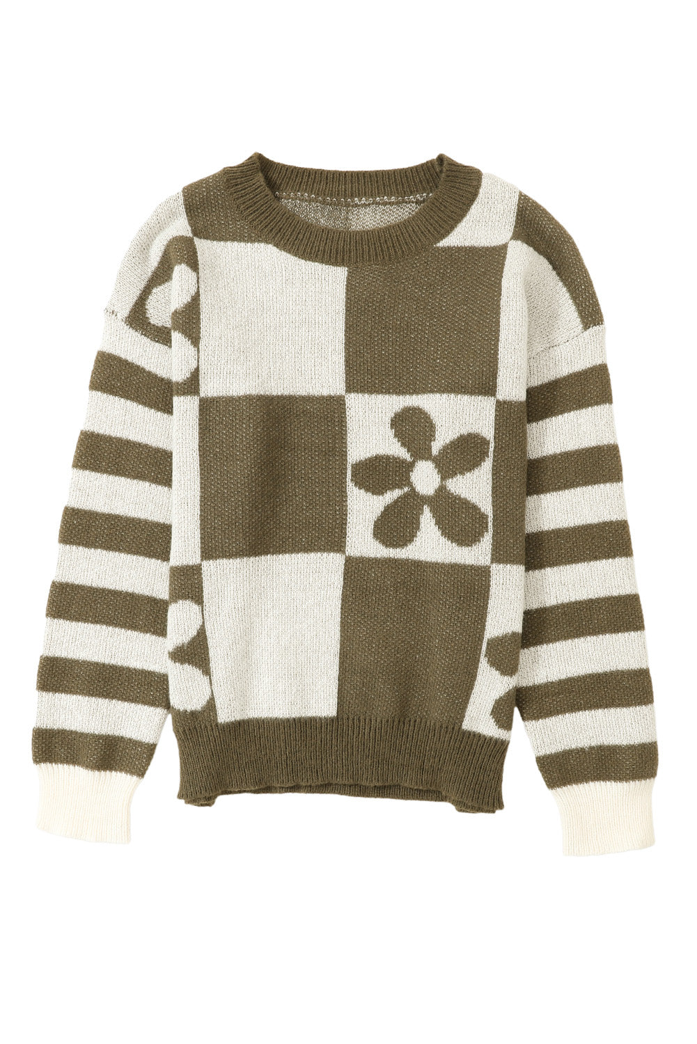 Brown Checkered Striped Knitted Pullover Sweater