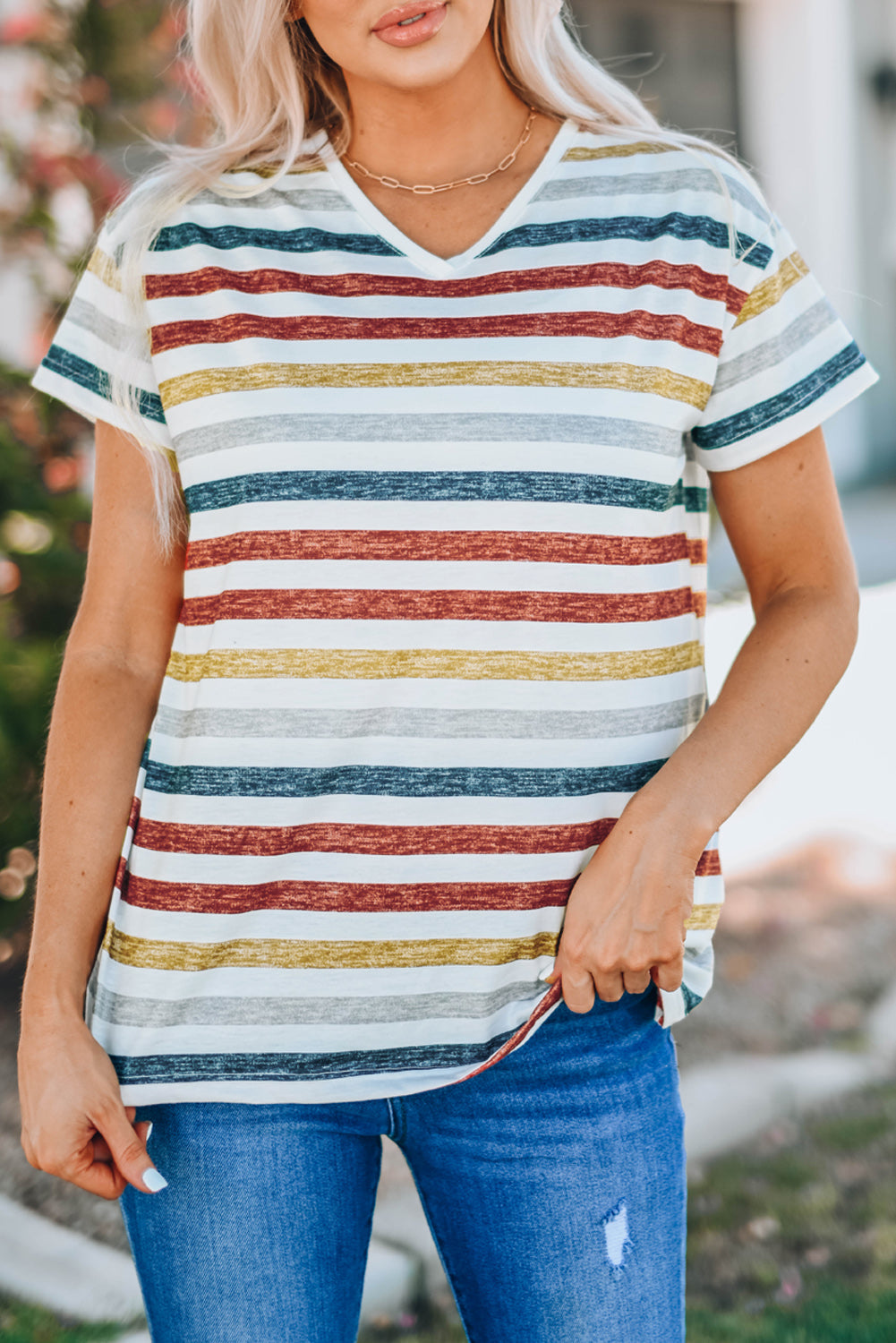 Striped V-Neck Short Sleeve Tee