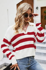 Striped Johnny Collar Dropped Shoulder Sweater