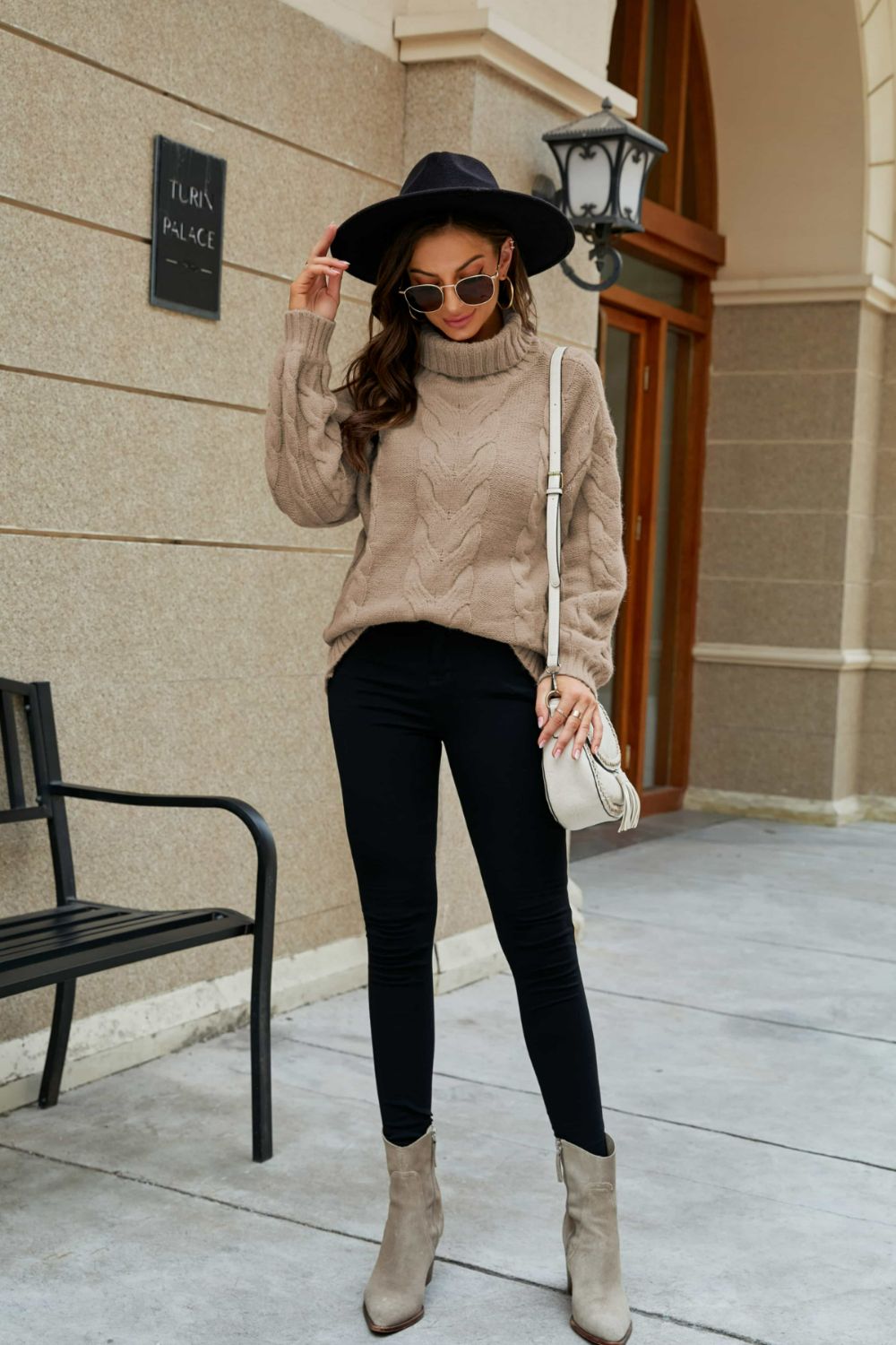 Cable-Knit Turtleneck Lantern Sleeve Sweater