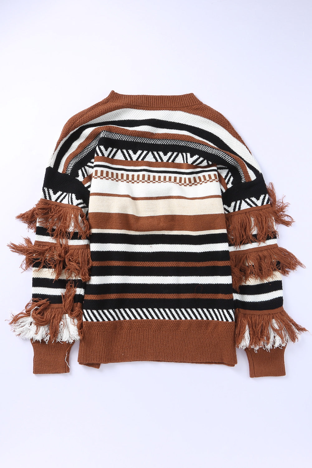 Striped Fringe Trim Round Neck Sweater