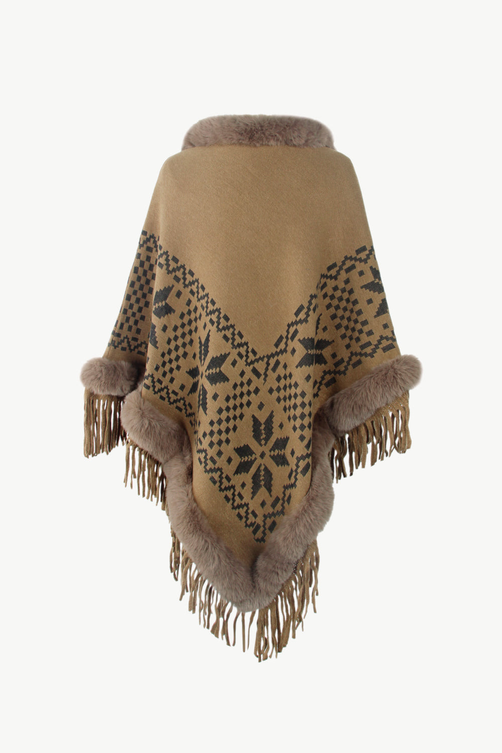 Patterned Faux Fur Trim Fringe Hem Poncho