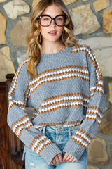 Striped High Low Hem Knitted Jacquard Sweater