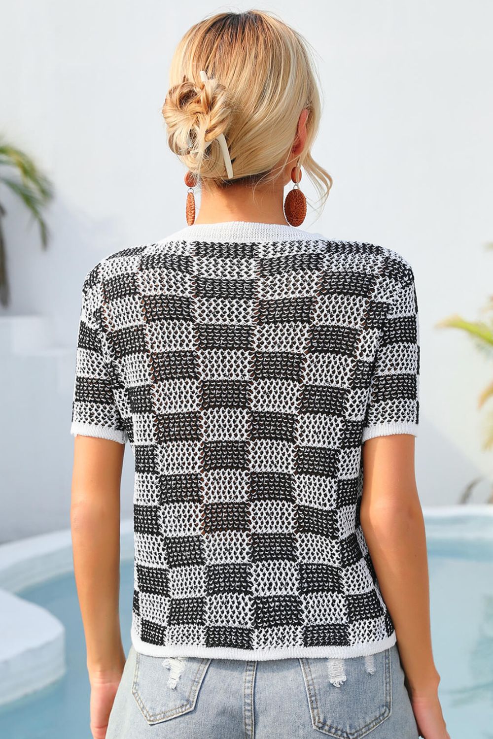 Kariertes Kurzarm-Stricktop