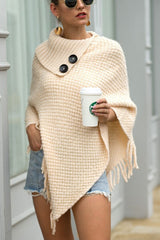 Decorative Button Fringe Hem Poncho