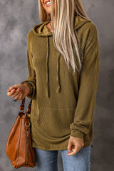 Ribbed Side Slit Hoodie with Kangaroo Pocket