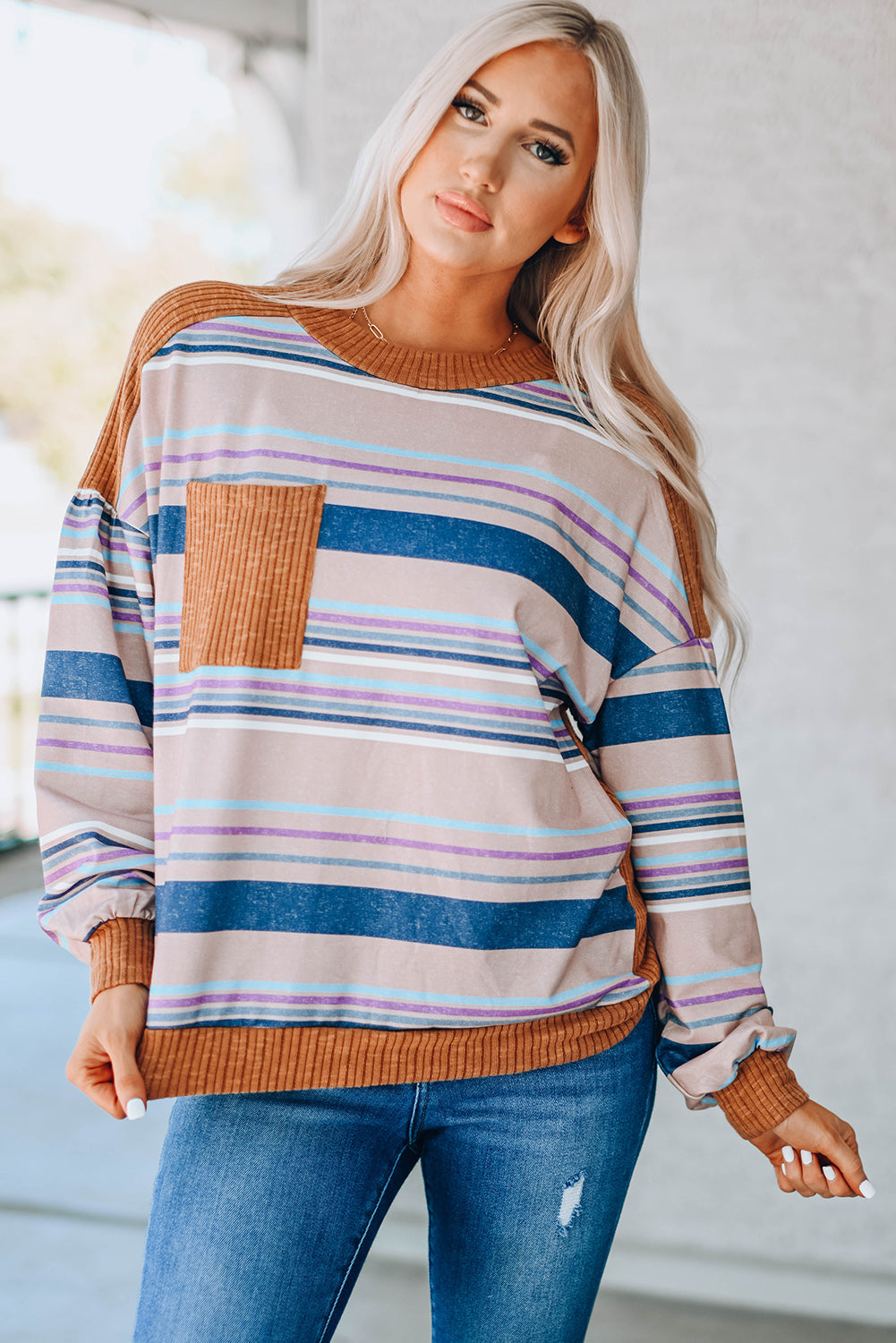 Striped Dropped Shoulder Ribbed Trim Top