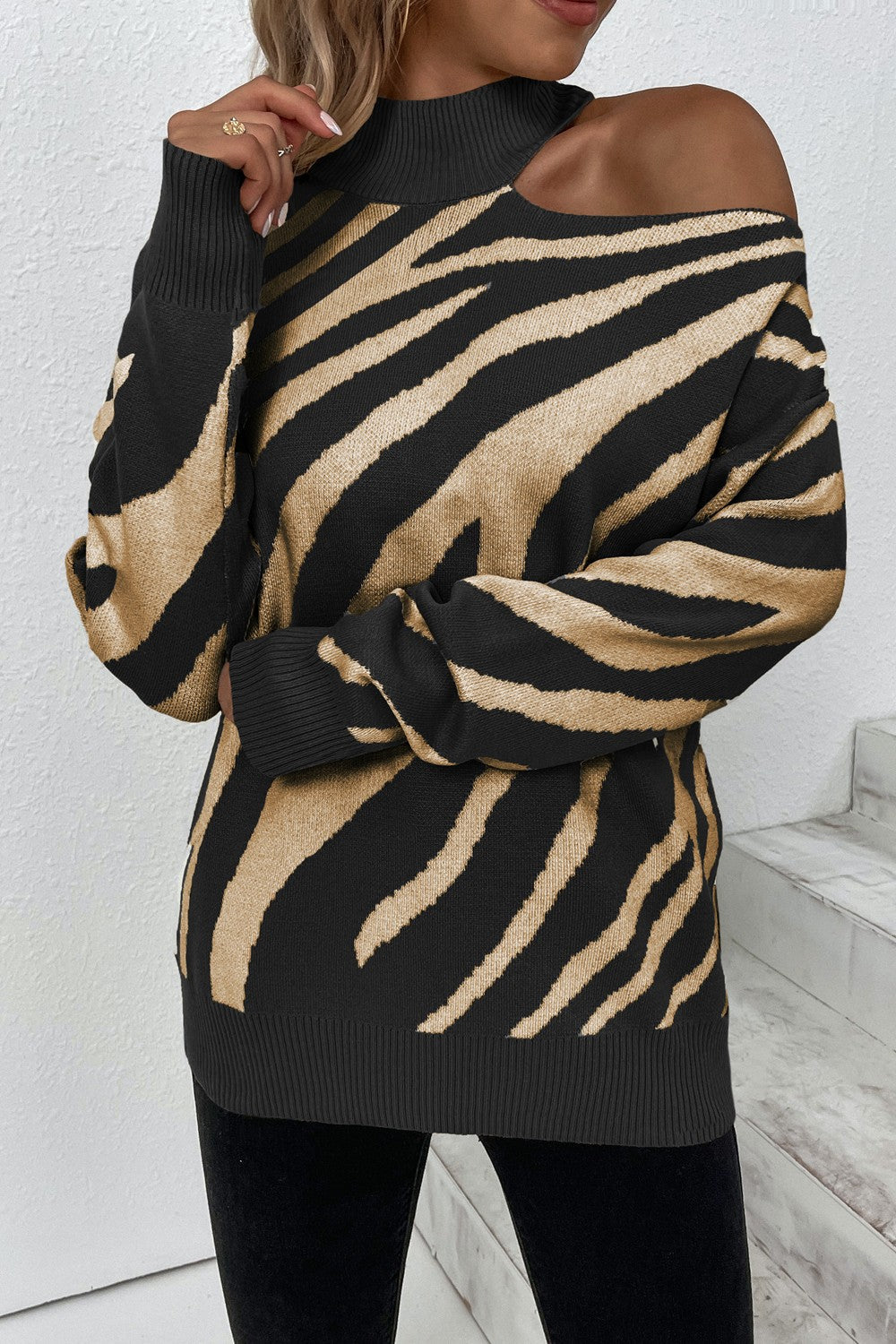 Animal Print Cold-Shoulder Sweater