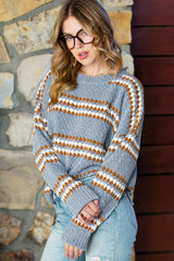 Striped High Low Hem Knitted Jacquard Sweater