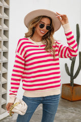 Striped Round Neck Dropped Shoulder Knit Pullover